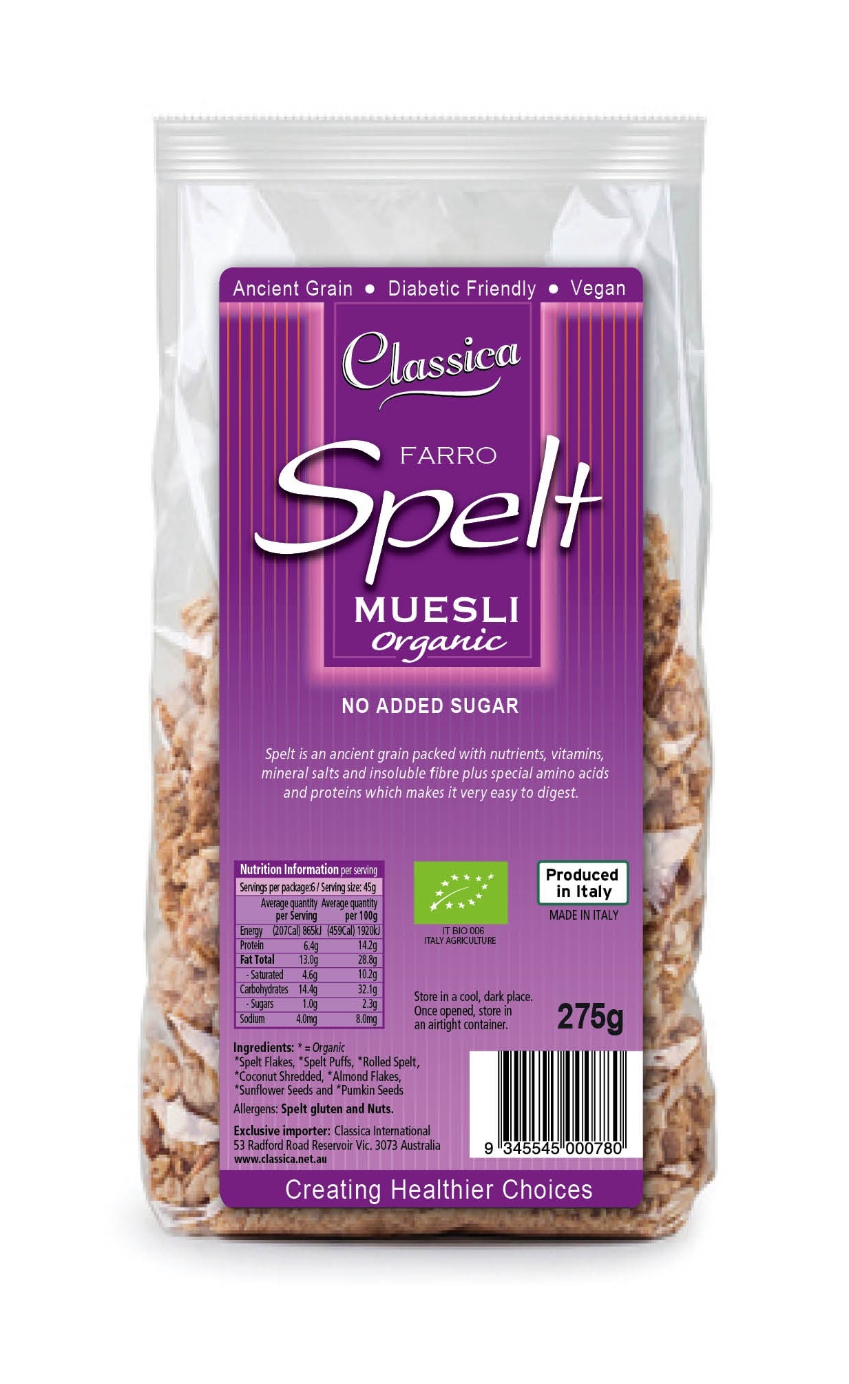 Classica Organic Spelt Farro Muesli Breakfast Cereal 275g - Classica ...