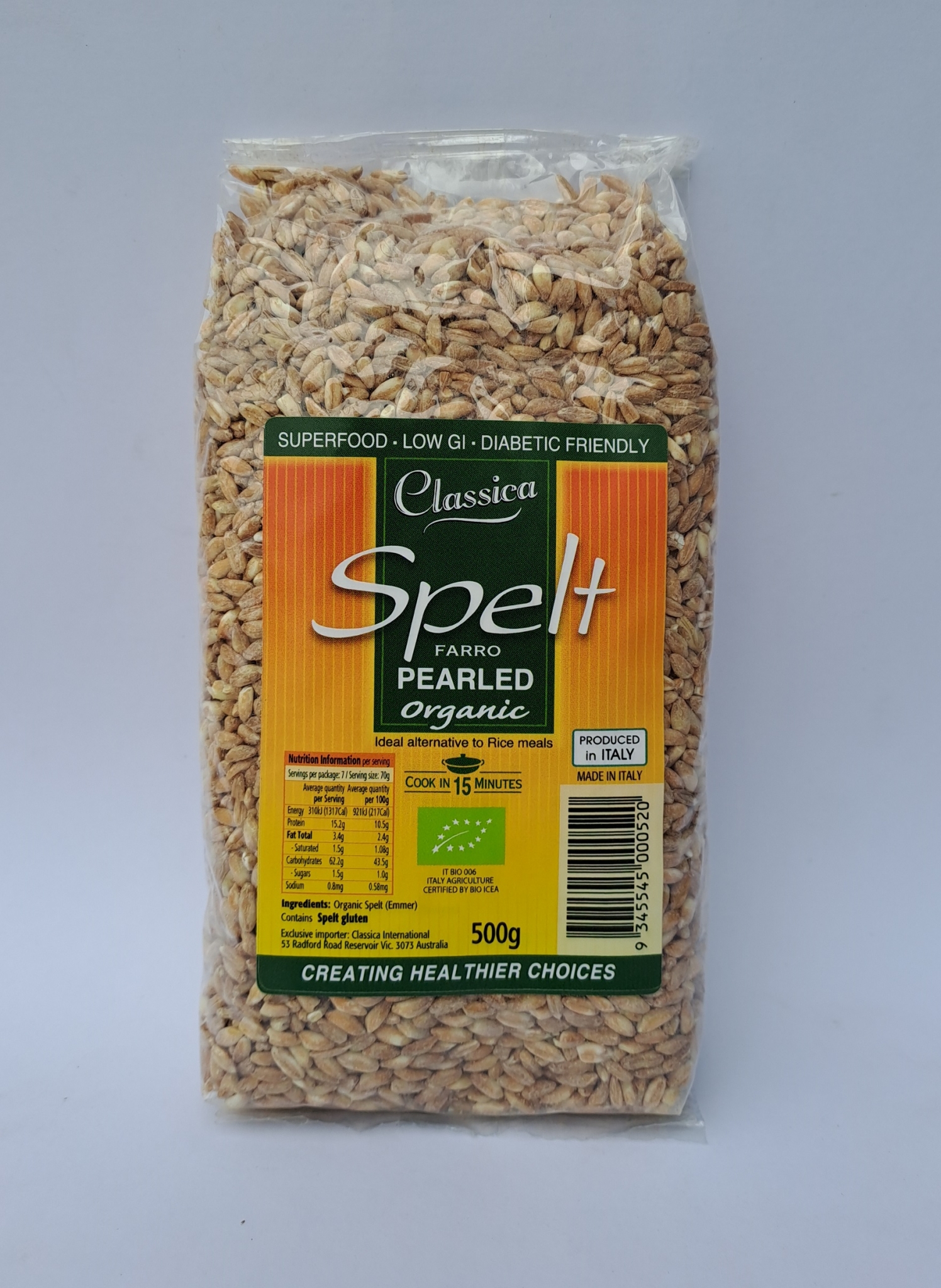 Classica Organic Spelt Farro Pearled 500g Classica International Retail